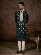 Men Black Silk Blend Solid Embroidered Straight Kurta-MKU1886