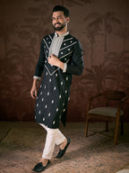 Men Black Silk Blend Solid Embroidered Straight Kurta-MKU1886