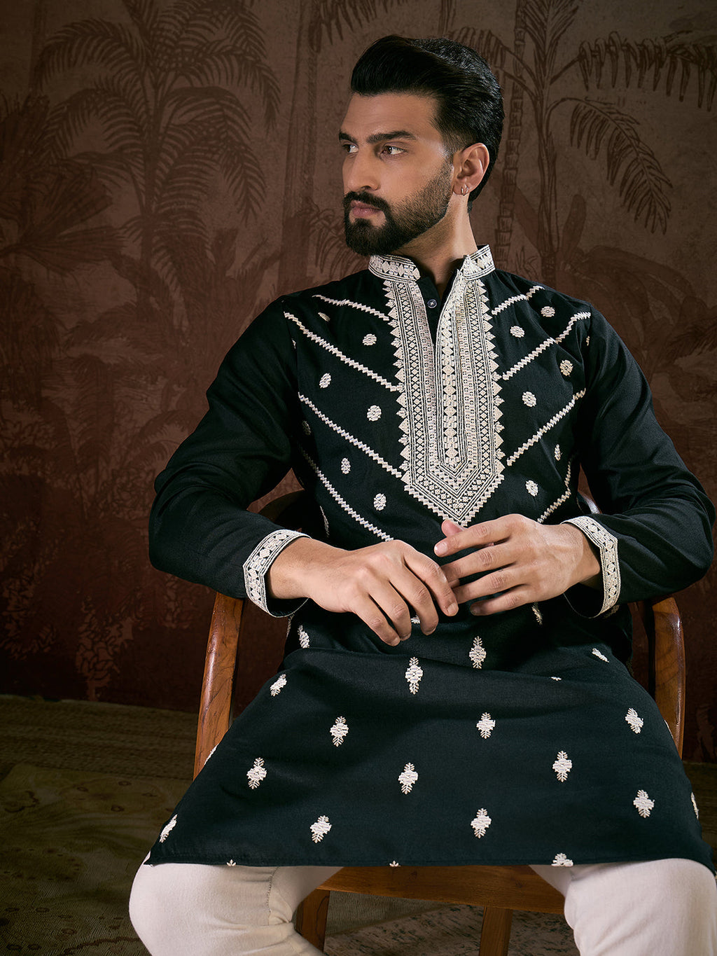 Men Black Silk Blend Solid Embroidered Straight Kurta-MKU1886