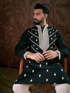 Men Black Silk Blend Solid Embroidered Straight Kurta-MKU1886
