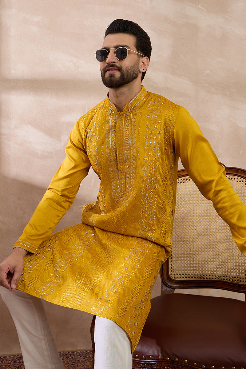 Mustard Silk Blend Embroidered Mandarin Collar Straight Kurta MKU1887