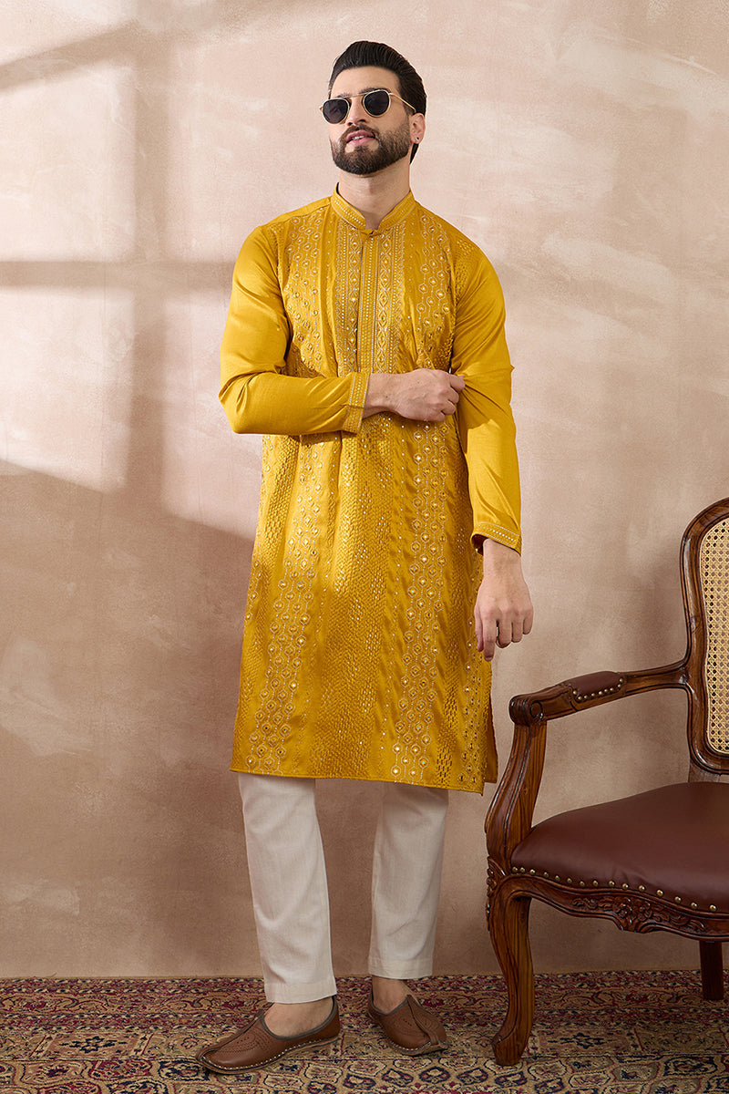 Mustard Silk Blend Embroidered Mandarin Collar Straight Kurta MKU1887