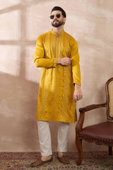 Mustard Silk Blend Embroidered Mandarin Collar Straight Kurta MKU1887