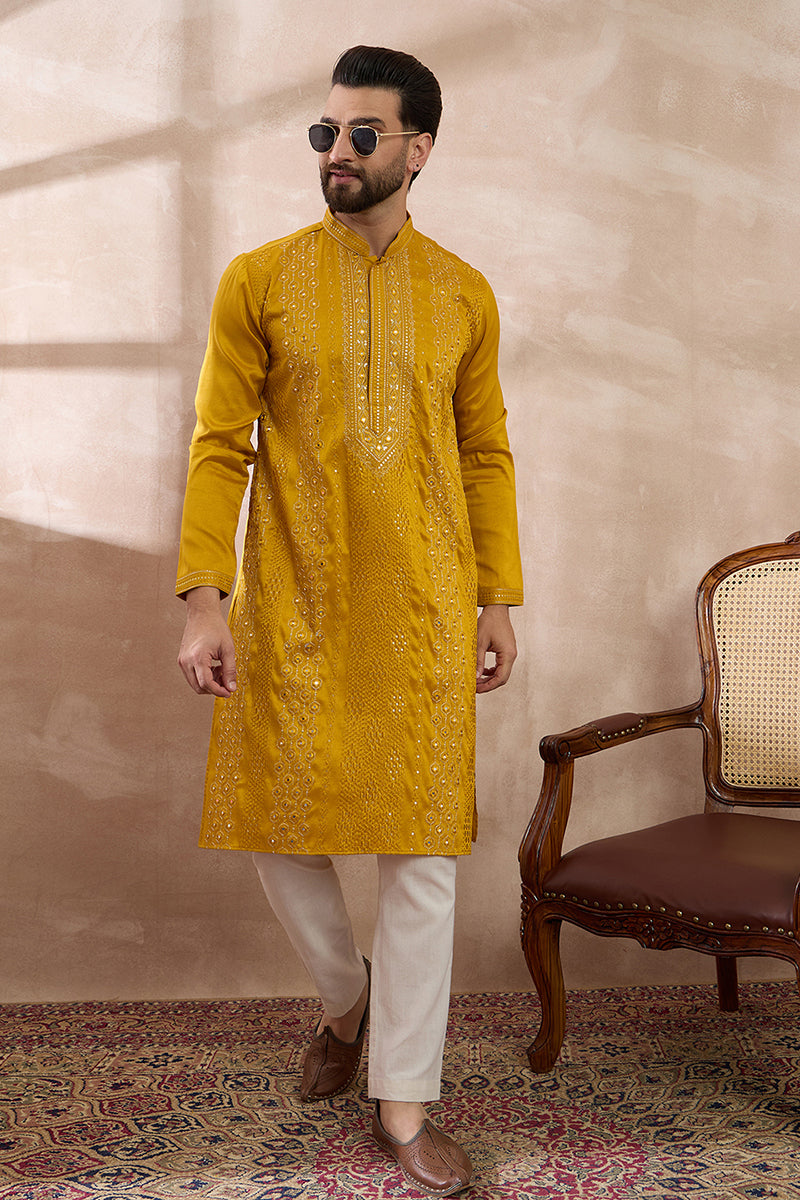 Mustard Silk Blend Embroidered Mandarin Collar Straight Kurta MKU1887
