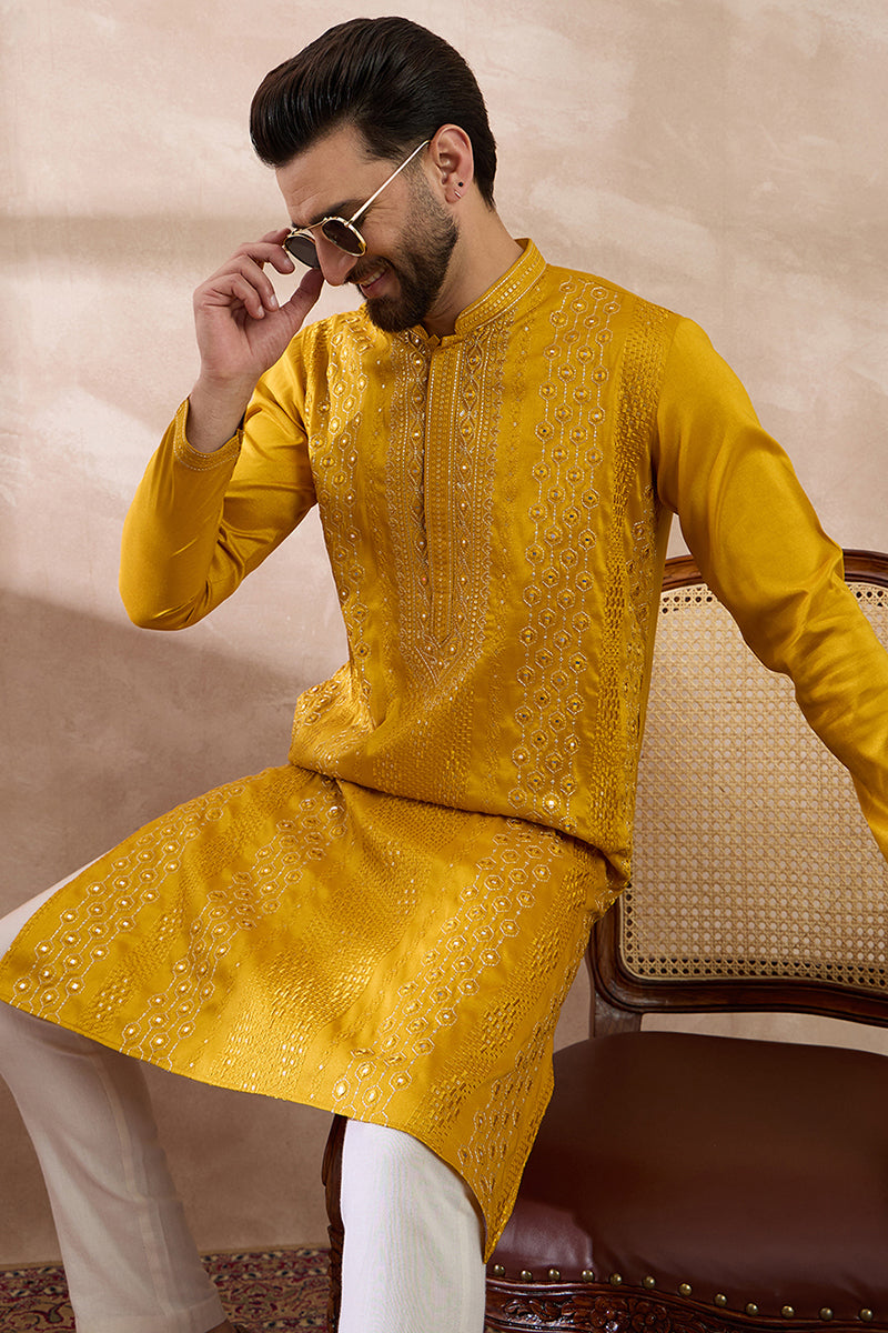 Mustard Silk Blend Embroidered Mandarin Collar Straight Kurta MKU1887
