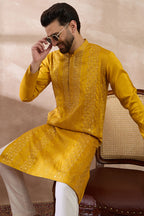 Mustard Silk Blend Embroidered Mandarin Collar Straight Kurta MKU1887
