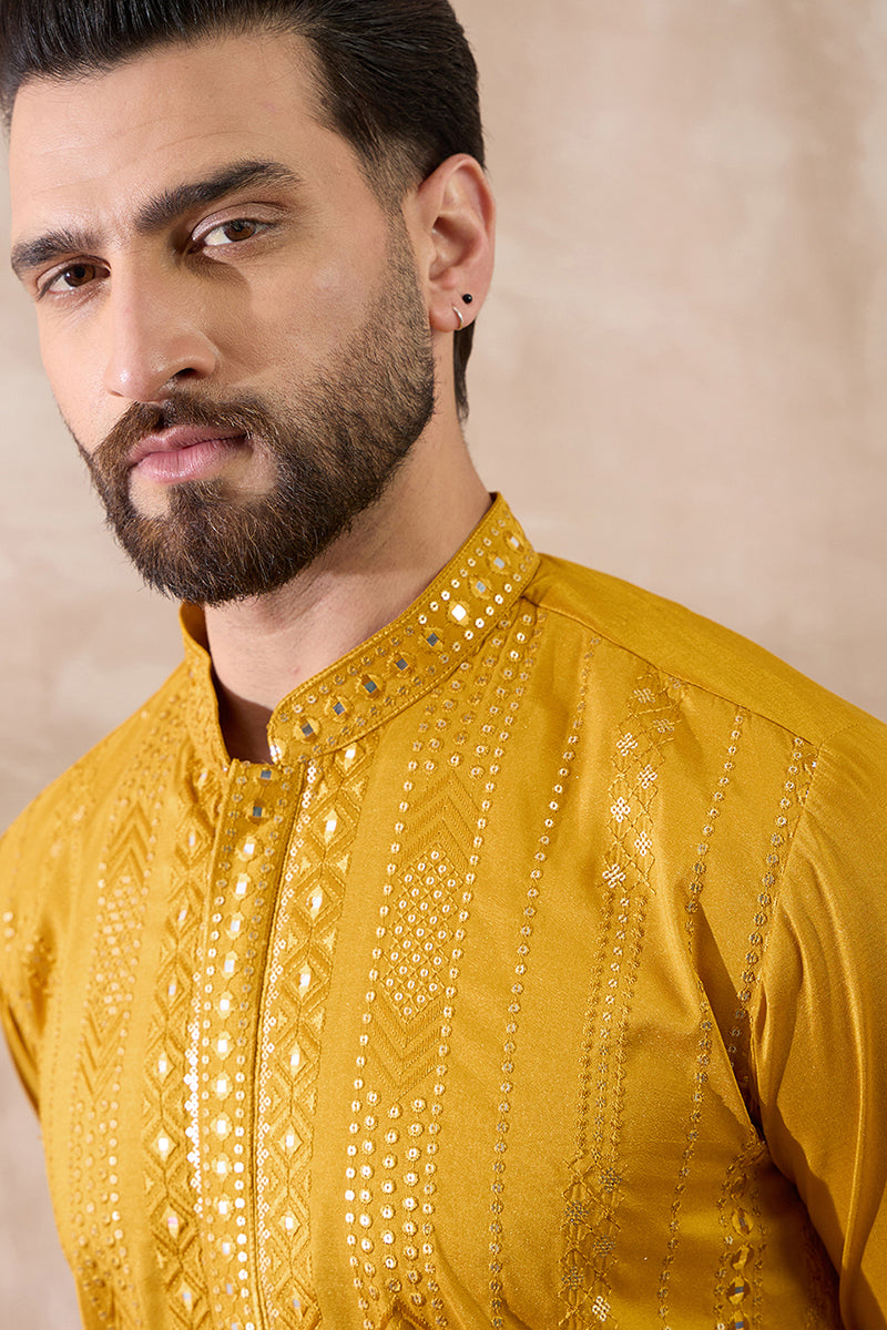 Mustard Silk Blend Embroidered Mandarin Collar Straight Kurta MKU1888