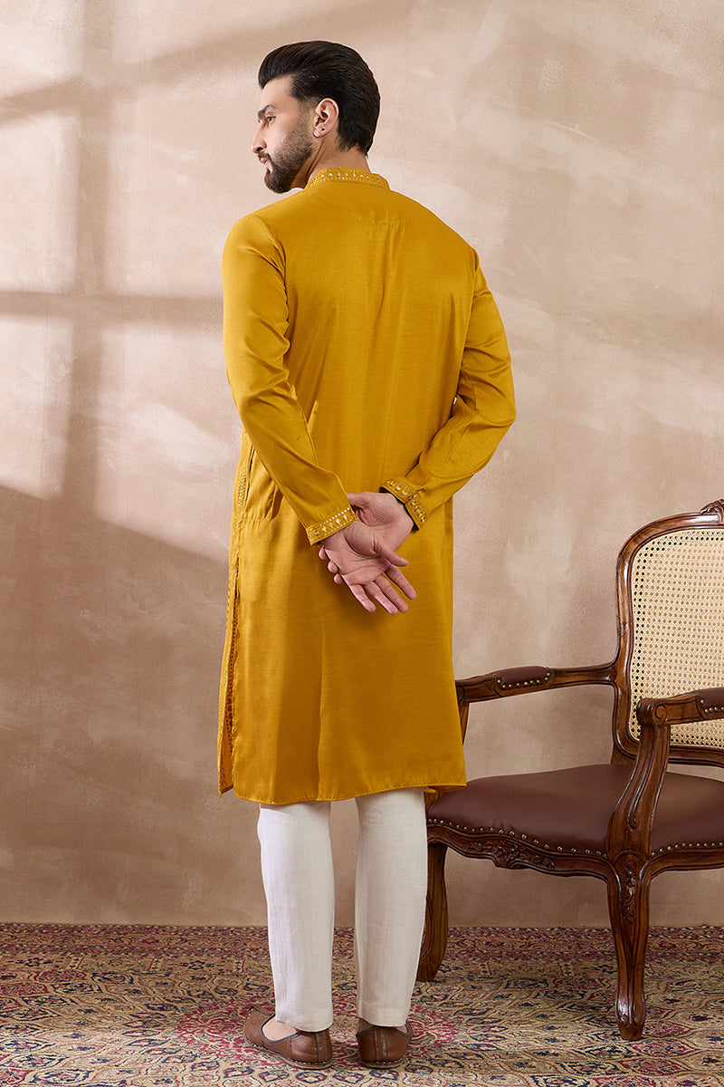 Mustard Silk Blend Embroidered Mandarin Collar Straight Kurta MKU1888