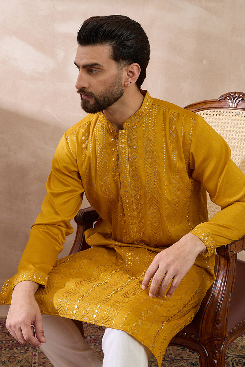 Mustard Silk Blend Embroidered Mandarin Collar Straight Kurta MKU1888