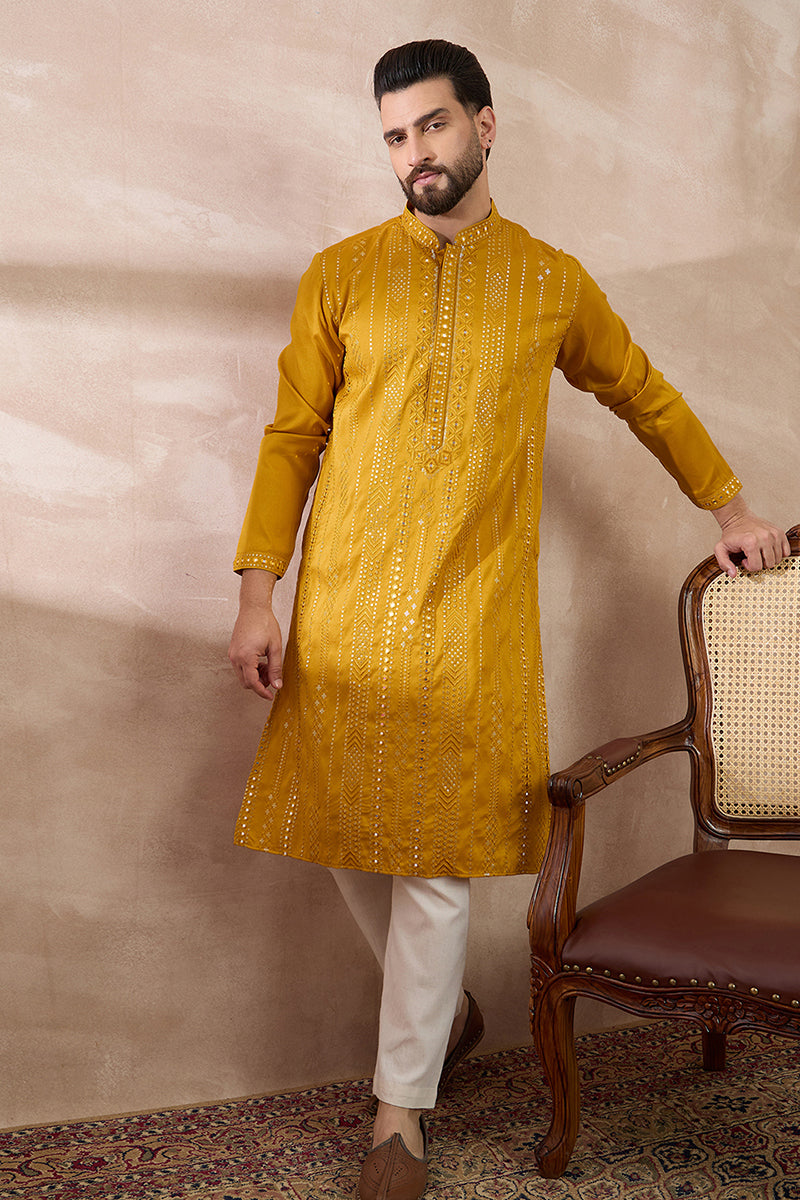 Mustard Silk Blend Embroidered Mandarin Collar Straight Kurta MKU1888
