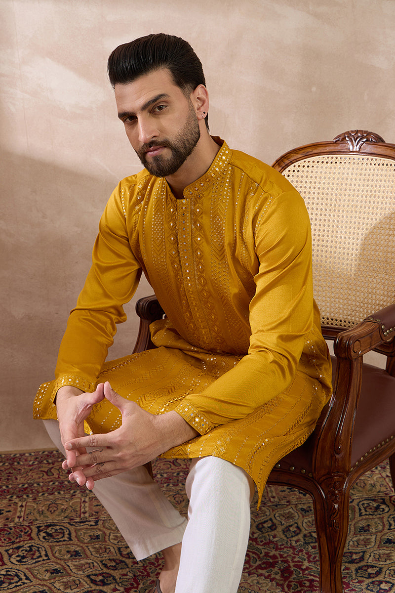 Mustard Silk Blend Embroidered Mandarin Collar Straight Kurta MKU1888