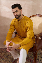 Mustard Silk Blend Embroidered Mandarin Collar Straight Kurta MKU1888