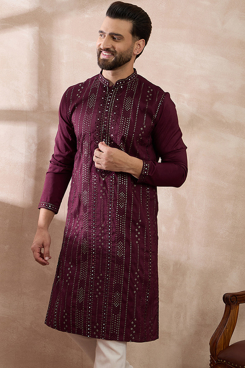Purple Silk Blend Embroidered Mandarin Collar Straight Kurta MKU1889