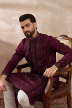 Purple Silk Blend Embroidered Mandarin Collar Straight Kurta MKU1889