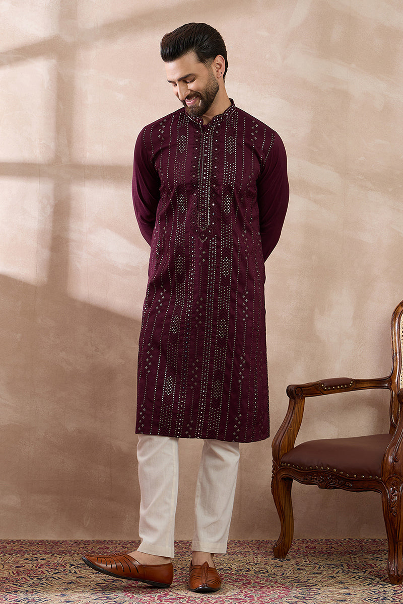 Purple Silk Blend Embroidered Mandarin Collar Straight Kurta MKU1889