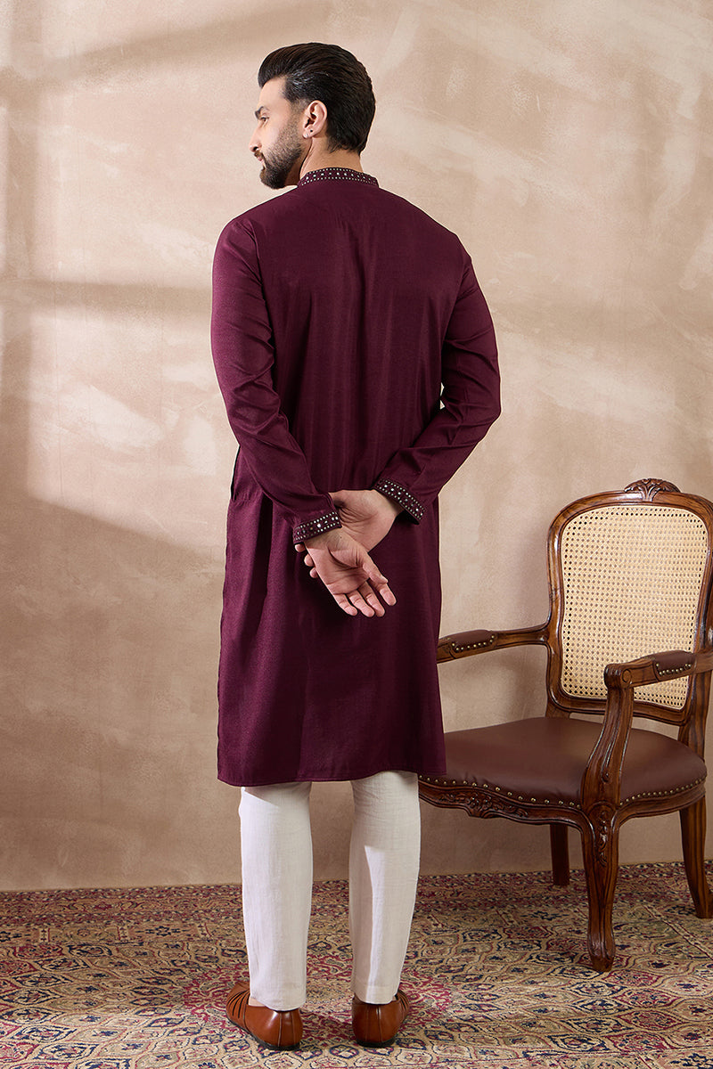 Purple Silk Blend Embroidered Mandarin Collar Straight Kurta MKU1889