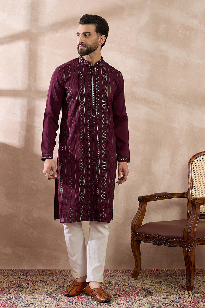 Purple Silk Blend Embroidered Mandarin Collar Straight Kurta MKU1889
