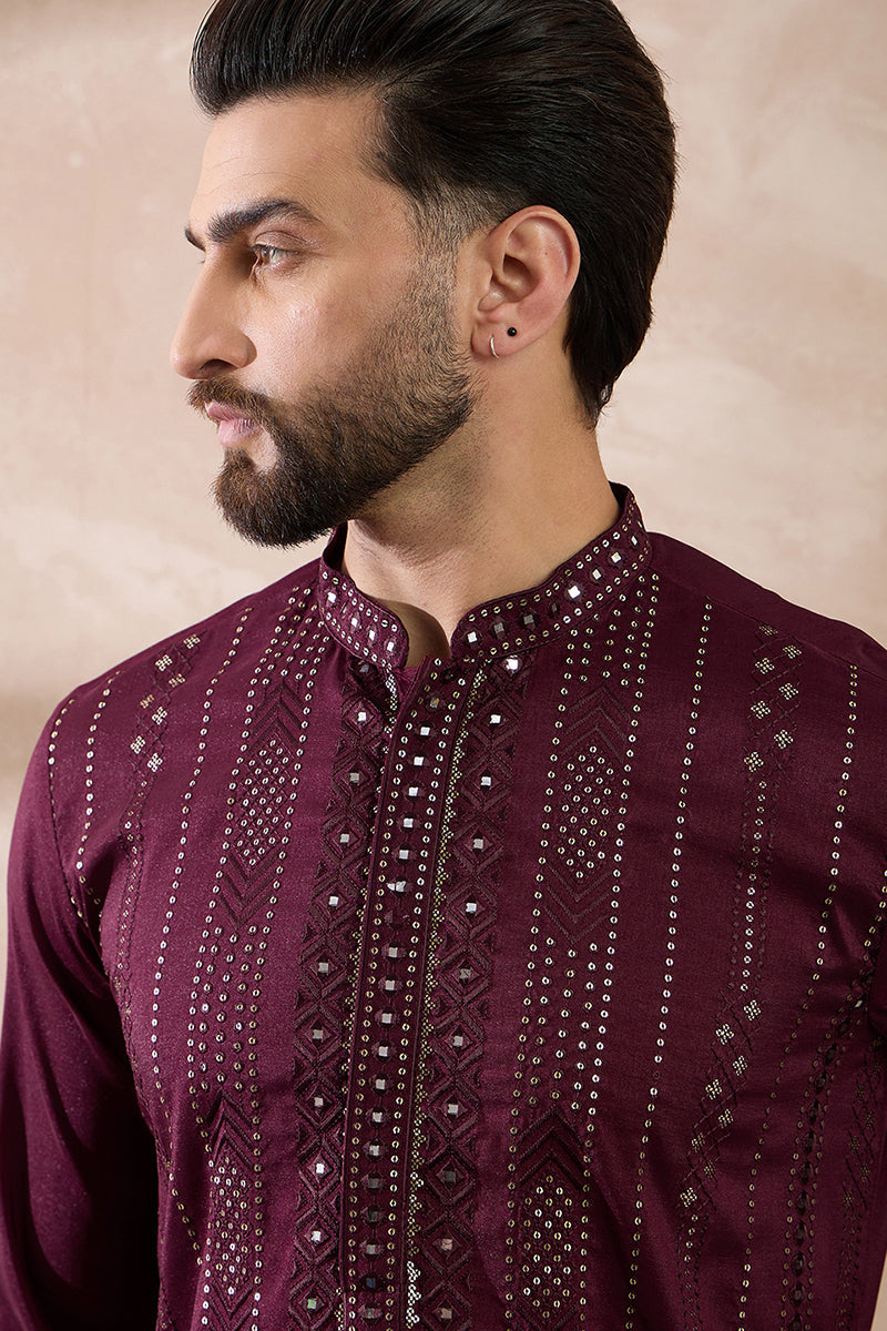 Purple Silk Blend Embroidered Mandarin Collar Straight Kurta MKU1889