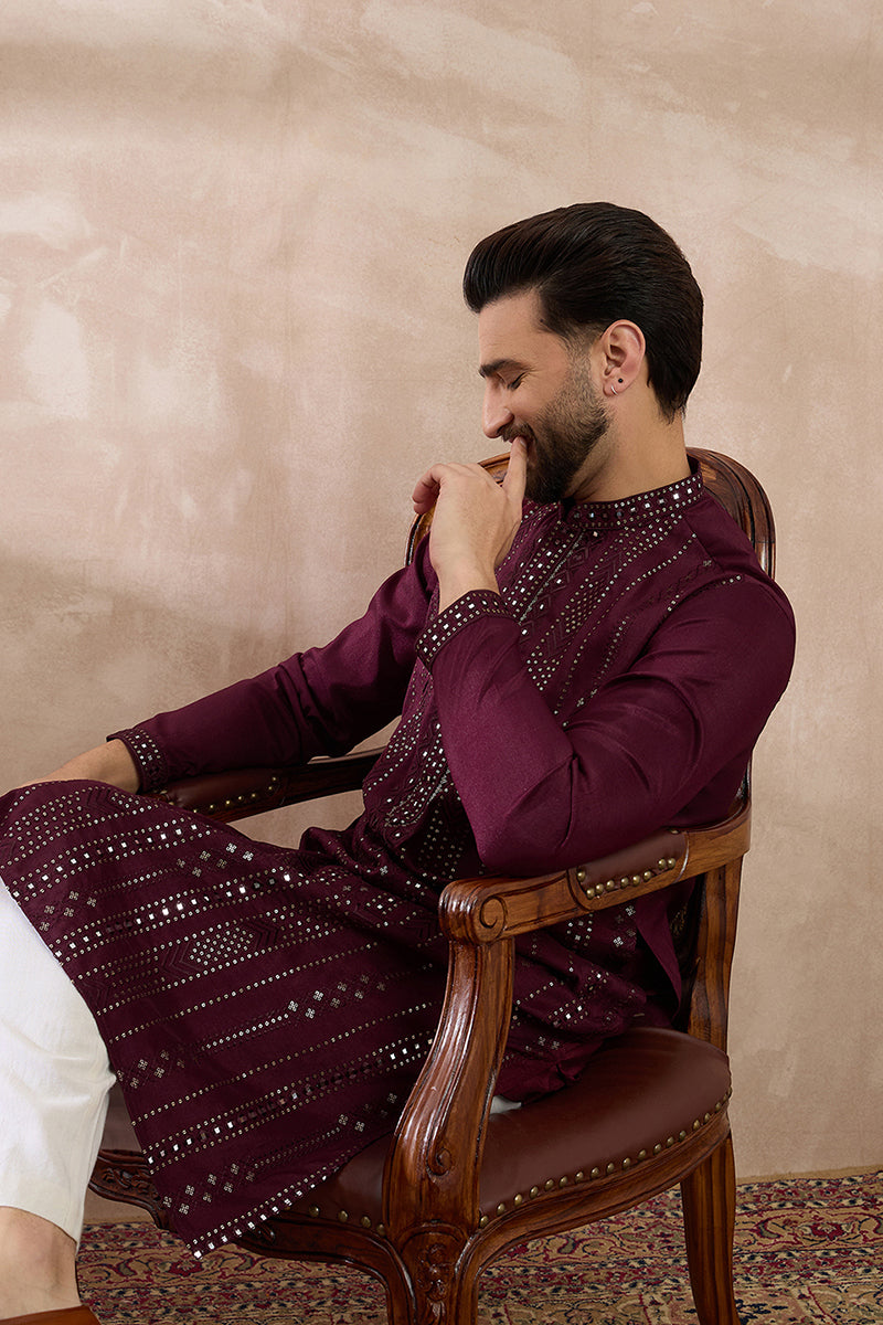 Purple Silk Blend Embroidered Mandarin Collar Straight Kurta MKU1889