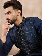 Men Blue Silk Blend Geometric Embroidered Straight Kurta-MKU1890