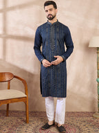 Men Blue Silk Blend Geometric Embroidered Straight Kurta-MKU1890