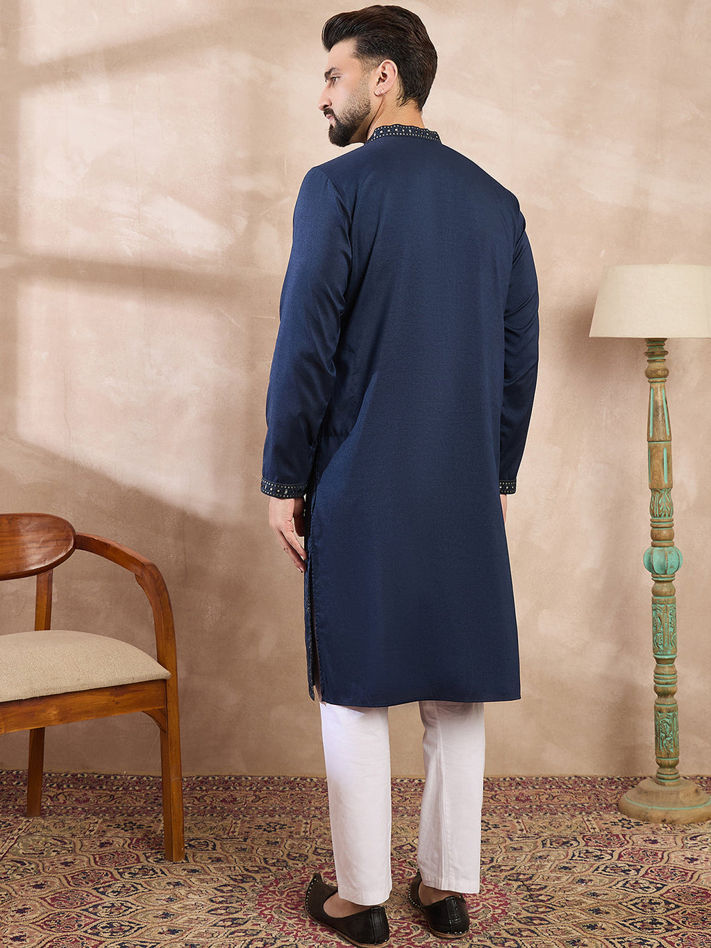 Men Blue Silk Blend Geometric Embroidered Straight Kurta-MKU1890