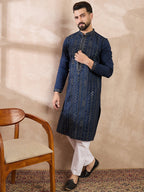 Men Blue Silk Blend Geometric Embroidered Straight Kurta-MKU1890