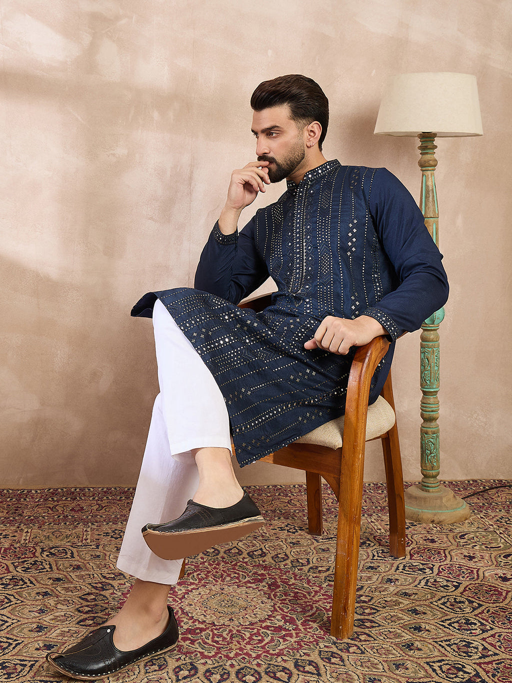 Men Blue Silk Blend Geometric Embroidered Straight Kurta-MKU1890