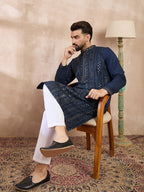 Men Blue Silk Blend Geometric Embroidered Straight Kurta-MKU1890