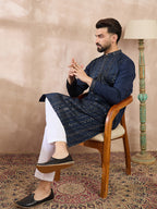 Men Blue Silk Blend Geometric Embroidered Straight Kurta-MKU1890