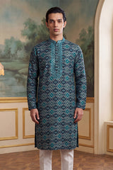 Sea Green Silk Blend Ethnic Motifs Ikat Printed Kurta With Trouser MKSET1893