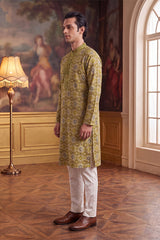 Green Silk Blend Ethnic Motifs Ikat Printed Kurta With Trouser MKSET1894