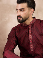 Men Maroon Silk Blend Solid Woven Design Straight Kurta-MKU1896
