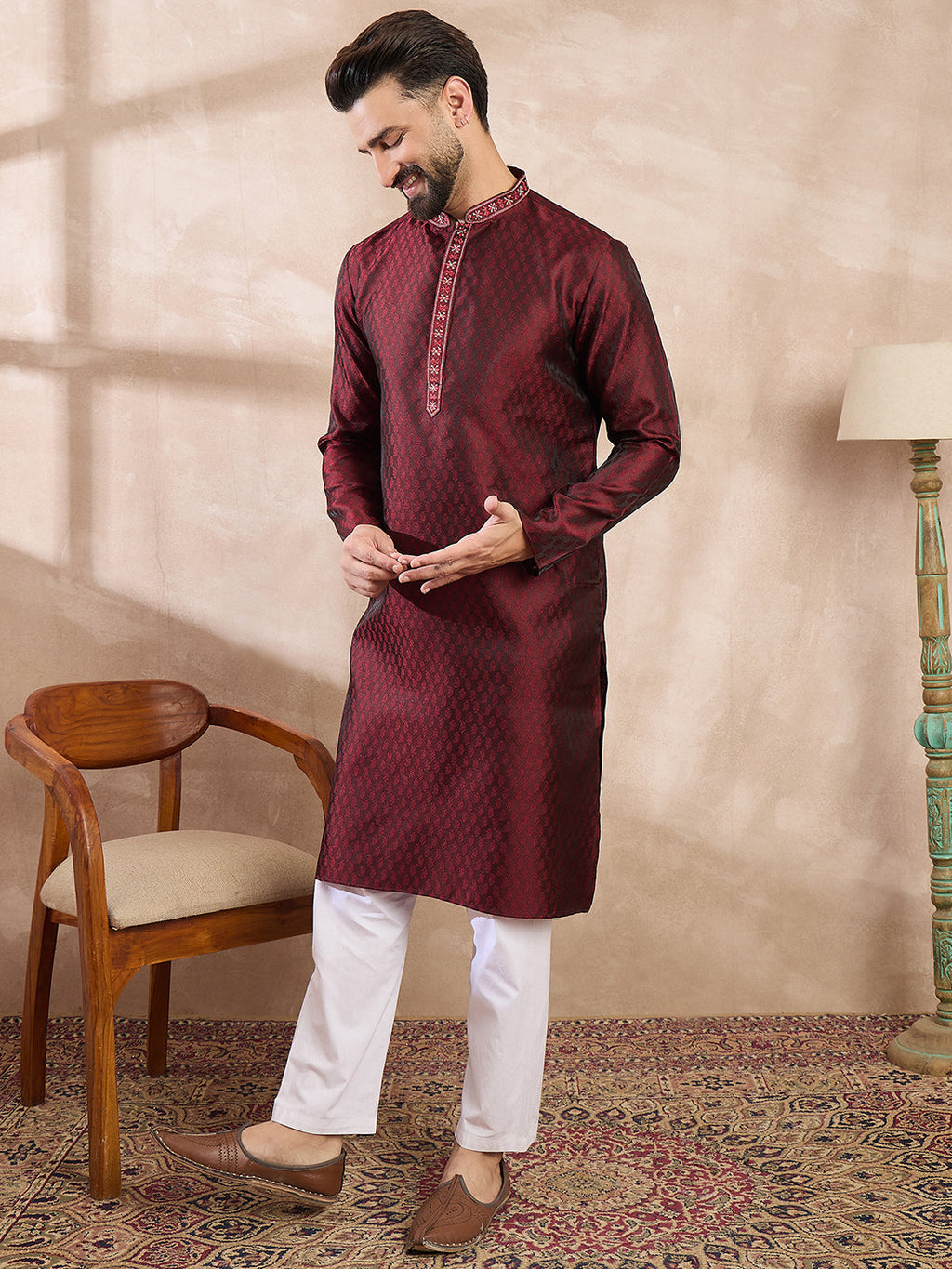 Men Maroon Silk Blend Solid Woven Design Straight Kurta-MKU1896