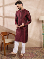 Men Maroon Silk Blend Solid Woven Design Straight Kurta-MKU1896