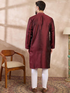 Men Maroon Silk Blend Solid Woven Design Straight Kurta-MKU1896