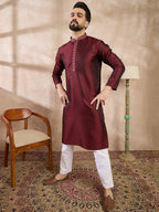 Men Maroon Silk Blend Solid Woven Design Straight Kurta-MKU1896