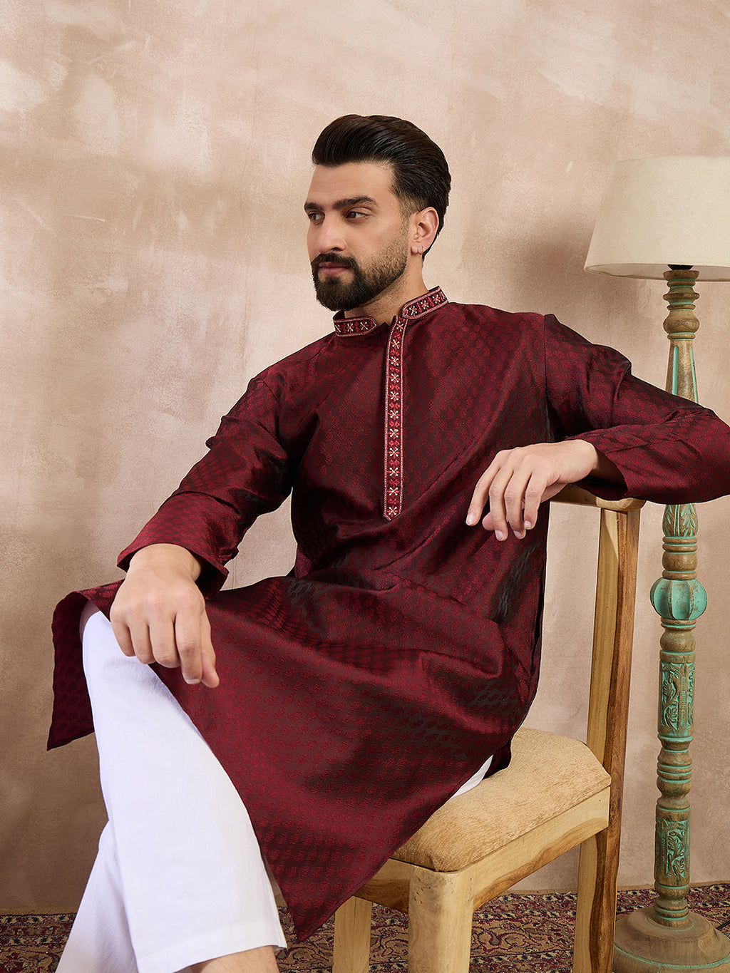 Men Maroon Silk Blend Solid Woven Design Straight Kurta-MKU1896