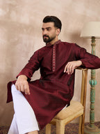 Men Maroon Silk Blend Solid Woven Design Straight Kurta-MKU1896