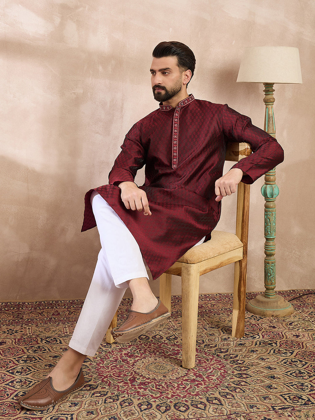 Men Maroon Silk Blend Solid Woven Design Straight Kurta-MKU1896