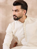 Men Off White Silk Blend Solid Woven Design Straight Kurta-MKU1897