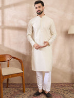 Men Off White Silk Blend Solid Woven Design Straight Kurta-MKU1897