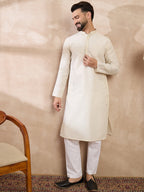 Men Off White Silk Blend Solid Woven Design Straight Kurta-MKU1897