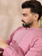 Men Pink Silk Blend Solid Woven Design Straight Kurta-MKU1898