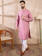 Men Pink Silk Blend Solid Woven Design Straight Kurta-MKU1898
