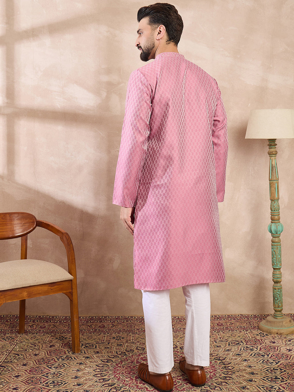 Men Pink Silk Blend Solid Woven Design Straight Kurta-MKU1898