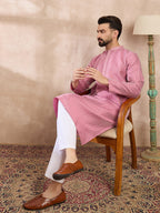 Men Pink Silk Blend Solid Woven Design Straight Kurta-MKU1898