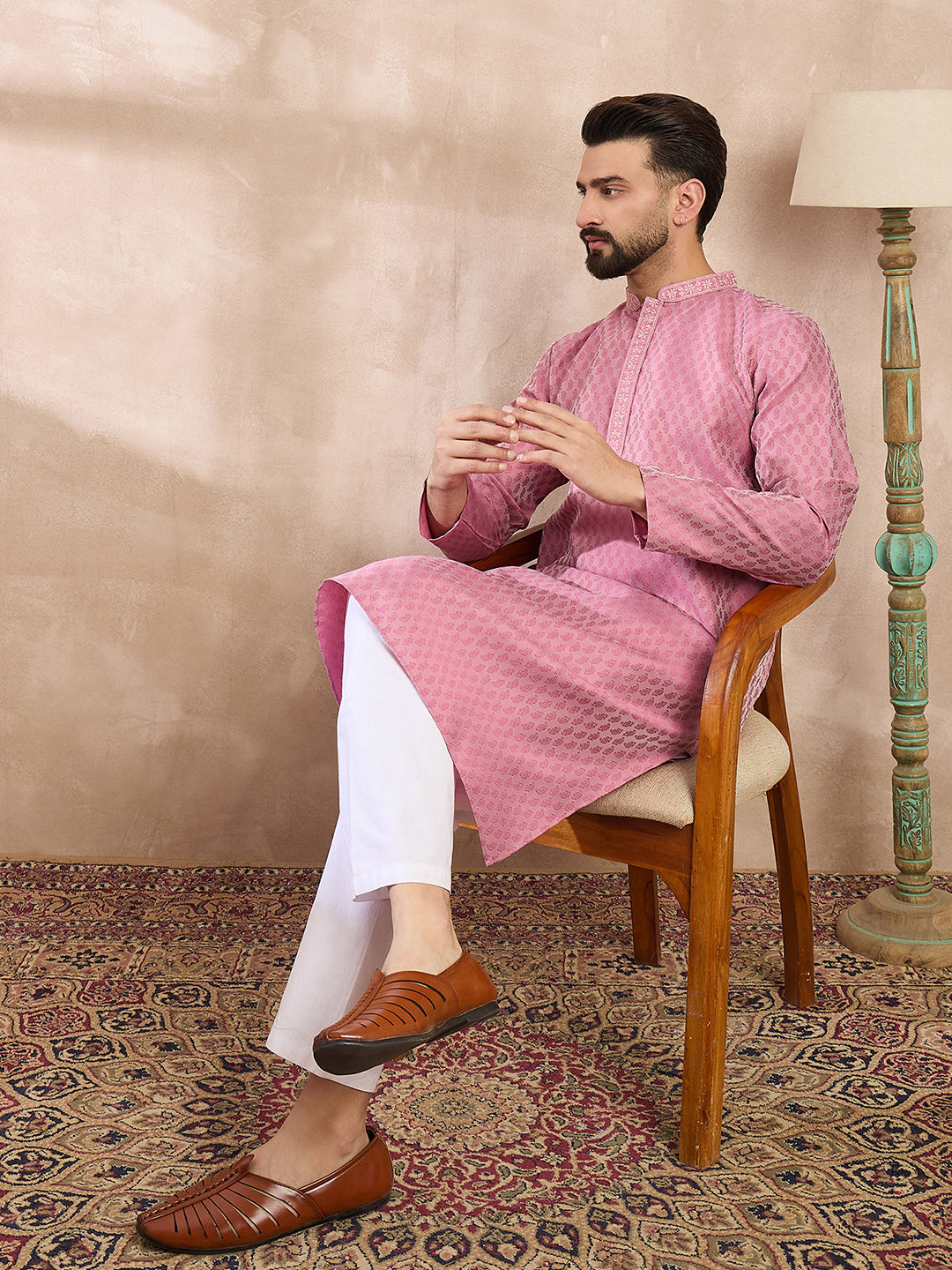 Men Pink Silk Blend Solid Woven Design Straight Kurta-MKU1898