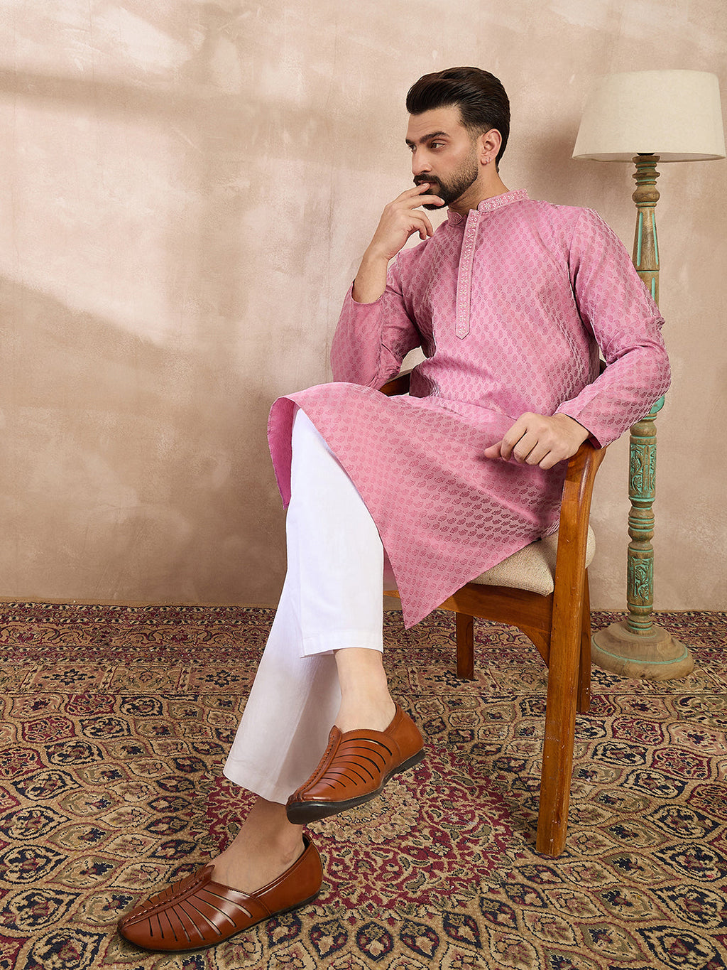 Men Pink Silk Blend Solid Woven Design Straight Kurta-MKU1898
