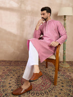 Men Pink Silk Blend Solid Woven Design Straight Kurta-MKU1898